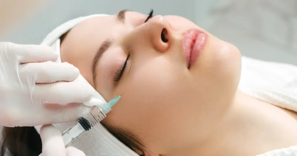 Woman receiving cosmetic injection during filler correction treatment
