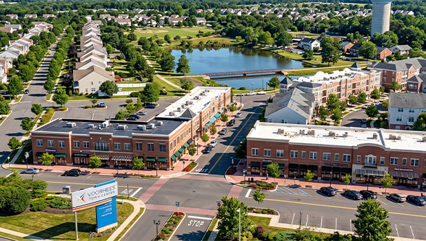 Aerial view of suburban town center with brick storefronts, streets, parking, pond and walking bridge.