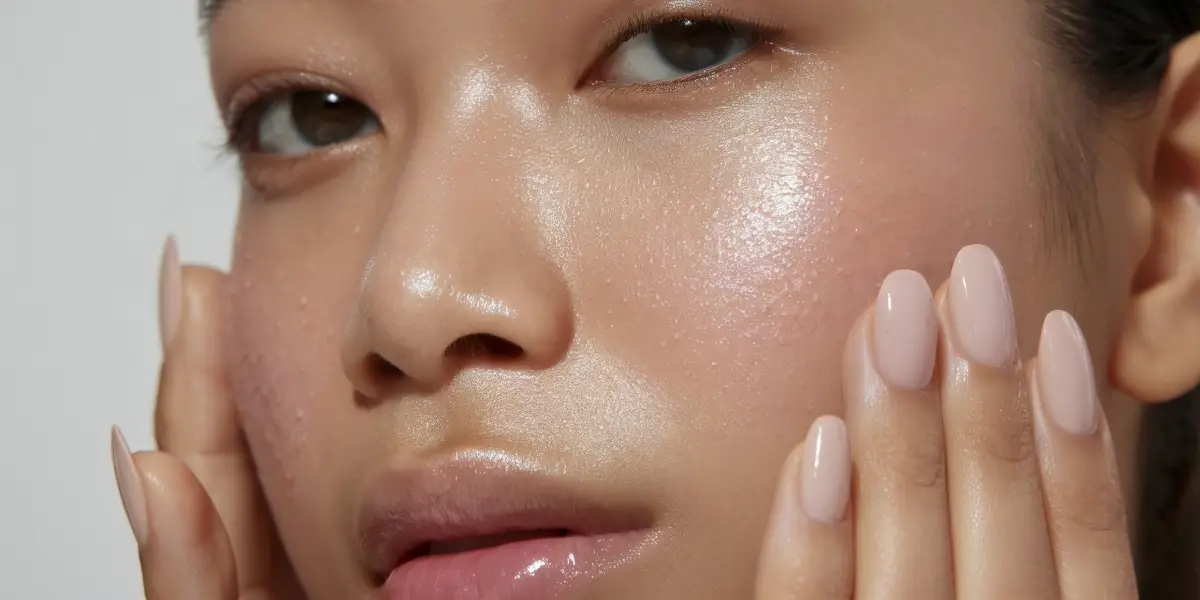 Close-up of a woman with dewy glowing skin and glossy lips, touching her cheek with nude almond-shaped nails
