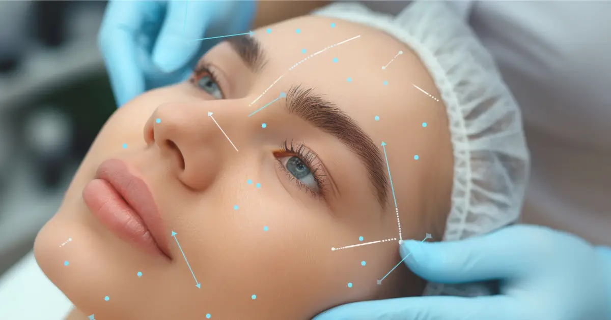 Close-up of a woman's face with facial mapping dots and arrows during cosmetic procedure, gloved hands nearby